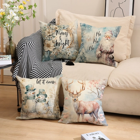 Taies D Oreiller De Noël Texture Lin Aquarelle Père Noël Bonhomme De Neige Renne Motif Décoration De Maison Canapé Housses De Coussin