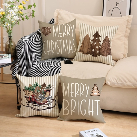 Λινή Χριστουγεννιάτικη Μαξιλαροθήκη Merry Christmas Δέντρο Έλκηθρο Τετράγωνο Κάλυμμα Μαξιλαριού Διακόσμηση Σπιτιού
