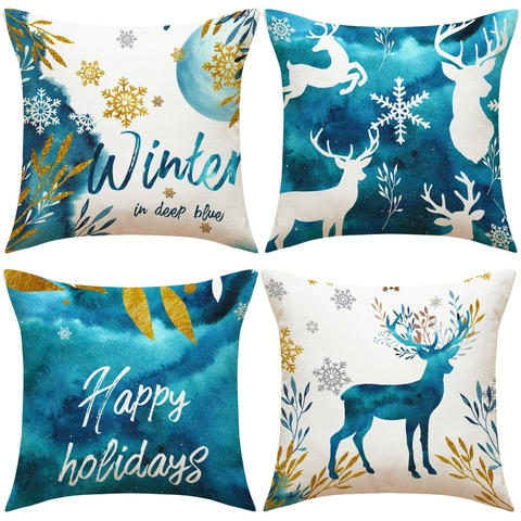 Christmas Elk Watercolor Throw Pillow Case Blue Gold Snowflake Reindeer Cushion Cover Nordic Winter Decorative Square Pillowcase For Sofa Home Decor