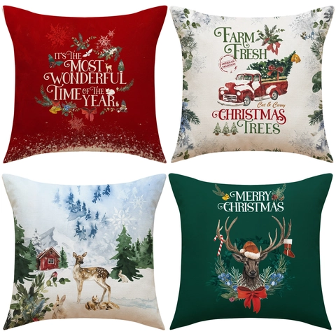Kerst Kussenslopen Rendier Vintage Vrachtwagen Print Polyester Linnen Look Decoratieve Kussenhoezen Voor Thuis Bank