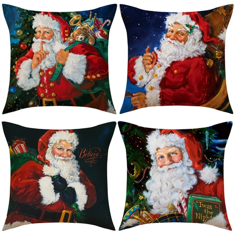 Fundas De Cojín De Navidad Papá Noel Vintage Mezcla Lino Poliéster Pintura Al Óleo Retro Fundas De Almohada