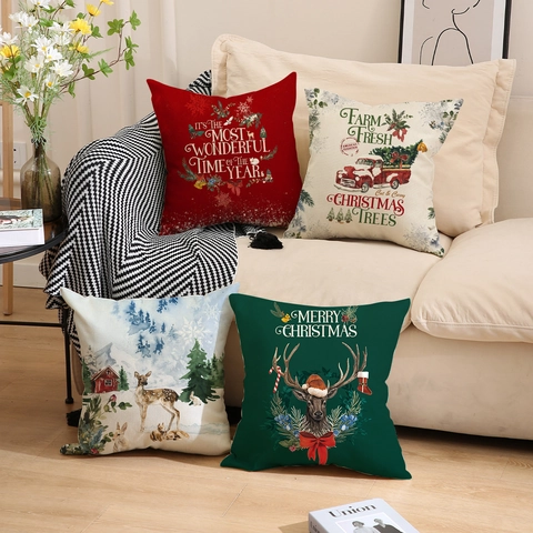 Kerst Kussenslopen Rendier Vintage Vrachtwagen Print Polyester Linnen Look Decoratieve Kussenhoezen Voor Thuis Bank