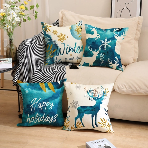 Christmas Elk Watercolor Throw Pillow Case Blue Gold Snowflake Reindeer Cushion Cover Nordic Winter Decorative Square Pillowcase For Sofa Home Decor