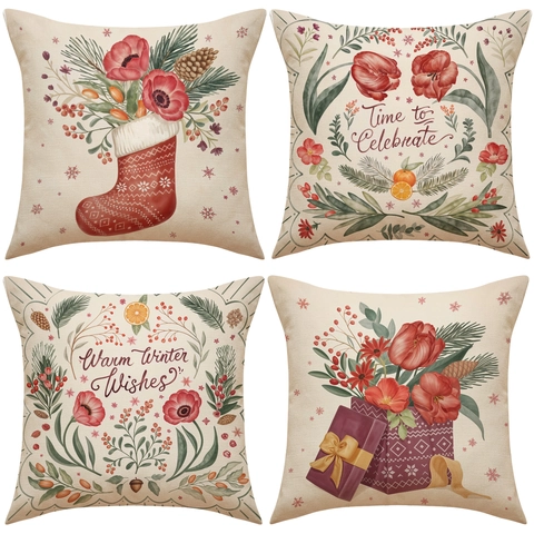 Christmas Retro Linen Texture Pillow Covers Christmas Stocking Flower Gift Box Print Holiday Home Sofa Cushion Case Decor