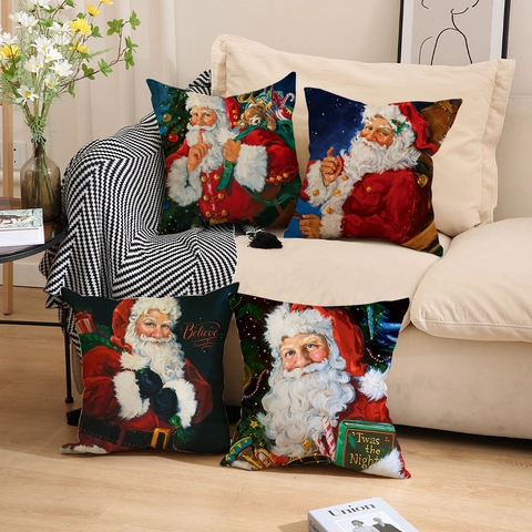 Fundas De Cojín De Navidad Papá Noel Vintage Mezcla Lino Poliéster Pintura Al Óleo Retro Fundas De Almohada