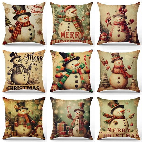 Vintage Weihnachten Leinen Kissenbezüge Retro Schneemann Dekorative Dekokissenbezüge Für Sofa Zuhause Urlaub Wohnzimmer Deko