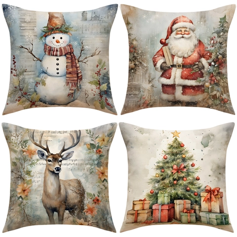 Weihnachts-Kissenbezug Leinen Aquarell Weihnachtsmann Schneemann Rentier Baum Deko-Kissenhülle Für Sofa Haus Deko