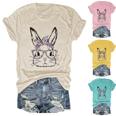 T-Shirt Casual Da Donna Misto Cotone Maniche Corte Girocollo Stampa Grafica Coniglio Occhiali Leopardo Design Top Moda