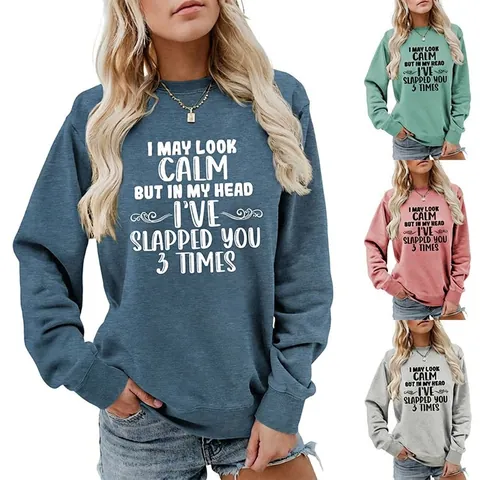 Sudadera Casual de Cuello Redondo para Mujer Pullover de Manga Larga con Estampado de Letras Divertidas de Algodón Top de Invierno