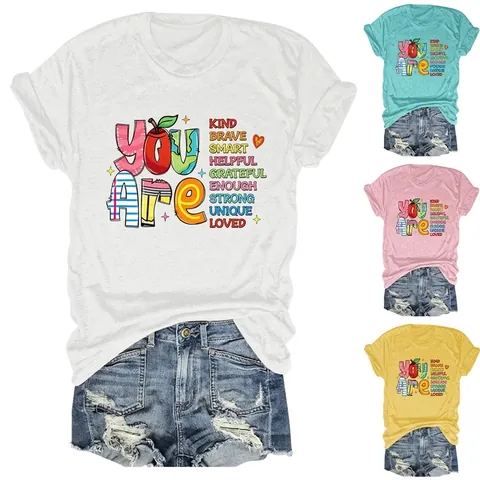 Camiseta Inspiradora Para Mujer Con Estampado De Letras Cuello Redondo Manga Corta Ajuste Holgado Top Gráfico De Mezcla De Algodón