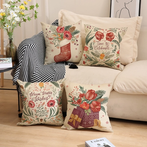 Christmas Retro Linen Texture Pillow Covers Christmas Stocking Flower Gift Box Print Holiday Home Sofa Cushion Case Decor