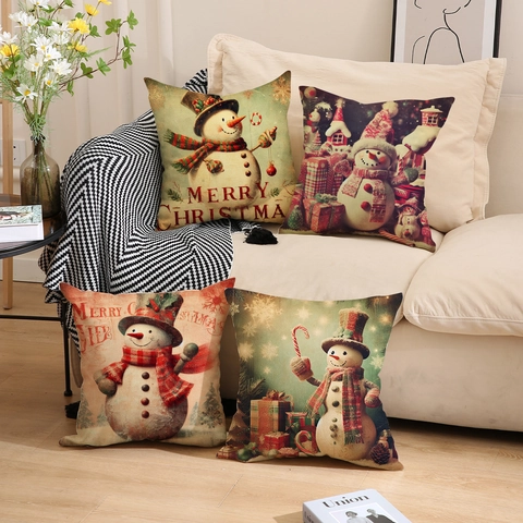 Vintage Weihnachten Leinen Kissenbezüge Retro Schneemann Dekorative Dekokissenbezüge Für Sofa Zuhause Urlaub Wohnzimmer Deko