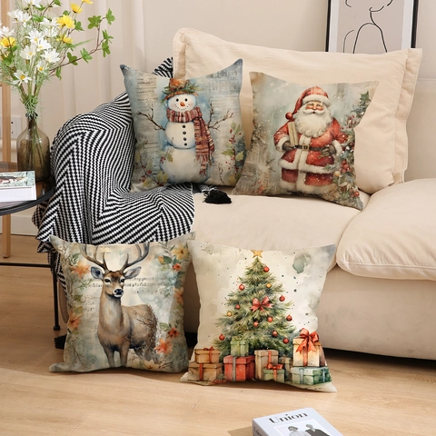 Weihnachts-Kissenbezug Leinen Aquarell Weihnachtsmann Schneemann Rentier Baum Deko-Kissenhülle Für Sofa Haus Deko