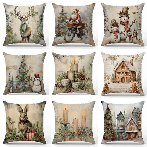 Federa in Aspetto Lino Stampata con Pupazzo di Neve di Natale Babbo Natale Alce Modello Copricuscino Decorativo per Divano