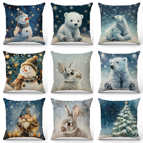 Christmas Cartoon Linen Cushion Cover Nordic Starry Night Snowman Polar Bear Printed Decorative Pillowcase For Sofa Home Decor