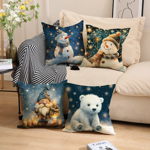 Christmas Cartoon Linen Cushion Cover Nordic Starry Night Snowman Polar Bear Printed Decorative Pillowcase For Sofa Home Decor