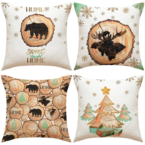 Linen Christmas Pillowcase Decorative Cushion Cover For Sofa Home Sweet Home Print Bear Elk Wood Grain Rustic Style