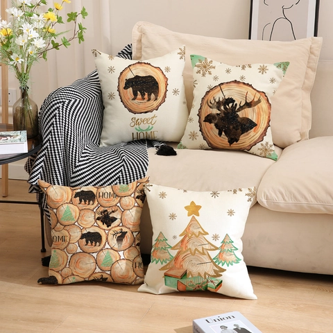 Linen Christmas Pillowcase Decorative Cushion Cover For Sofa Home Sweet Home Print Bear Elk Wood Grain Rustic Style
