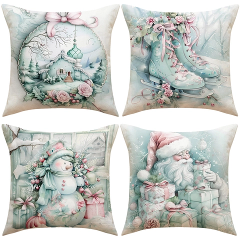 Weihnachten Aquarell Kissenbezüge Leinen Dekorative Kissenhüllen Schneemann Weihnachtsmann Schlittschuhe Für Sofa Home Dekor