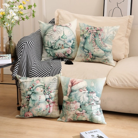 Weihnachten Aquarell Kissenbezüge Leinen Dekorative Kissenhüllen Schneemann Weihnachtsmann Schlittschuhe Für Sofa Home Dekor