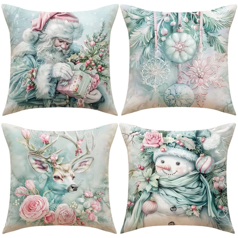 Retro Christmas Linen Throw Pillow Covers Santa Claus Reindeer Snowman Pattern Decorative Cushion Cases For Home Sofa Decor