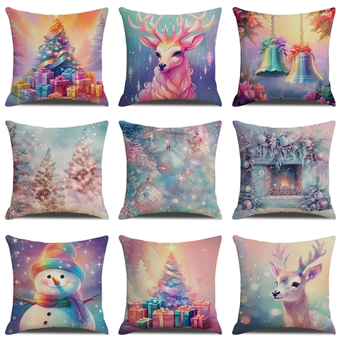 Weihnachts Kissenbezug Leinenoptik Quadratischer Dekorative Kissenhülle Heimsofa Dekor Künstlerische Rentier Schneemann Muster