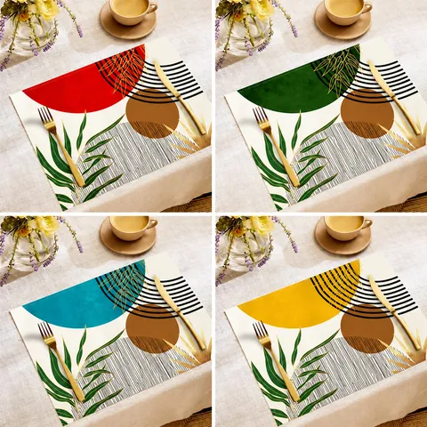 Nordic Abstract Geometric Placemats Linen Printed Heat Insulated Table Mats Botanical Leaf Pattern Rectangular Washable Dining Table Decorations