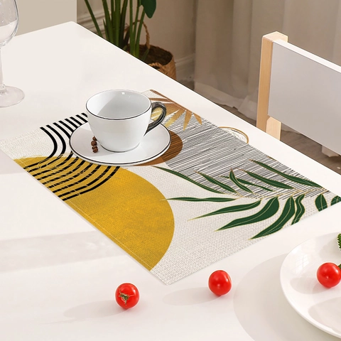 Nordic Abstract Geometric Placemats Linen Printed Heat Insulated Table Mats Botanical Leaf Pattern Rectangular Washable Dining Table Decorations