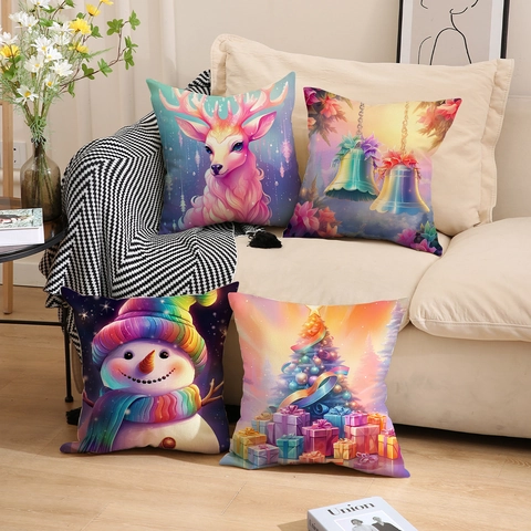 Weihnachts Kissenbezug Leinenoptik Quadratischer Dekorative Kissenhülle Heimsofa Dekor Künstlerische Rentier Schneemann Muster