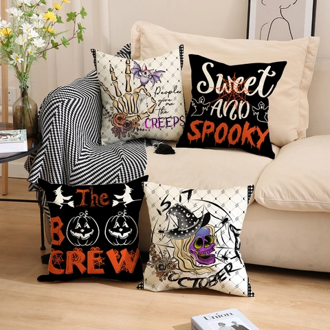 Federa Per Cuscino Halloween Lino Sintetico Stampata Teschio Zucca Fantasma Per Divano Soggiorno Arredamento Spaventoso