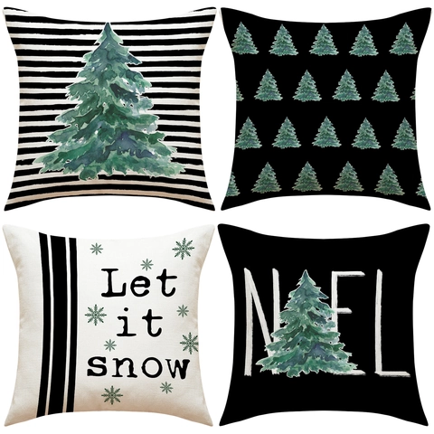 Housse Coussin Décorative Noël Mélange Lin Polyester Imprimé Sapin Bonhomme Neige Flocon Décoration Canapé Maison Fête