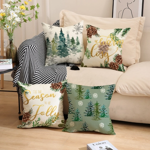 Christmas Pillow Covers Linen Decorative Watercolor Christmas Tree Snowflake Pine Cone Square For Sofa Couch Home Decor