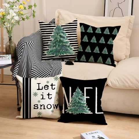 Housse Coussin Décorative Noël Mélange Lin Polyester Imprimé Sapin Bonhomme Neige Flocon Décoration Canapé Maison Fête