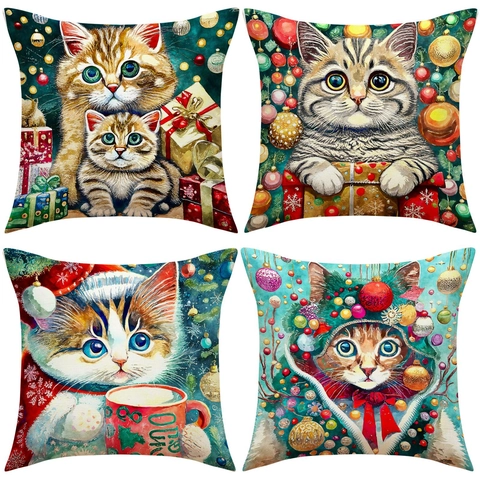 Kerst Kat Decoratieve Kussenhoes Linnen Kussensloop Vierkante Sierkussenhoes Voor Bank Couch Home Decor Kerstmis Cadeau