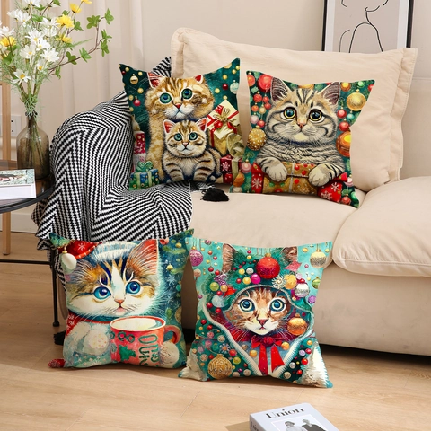Kerst Kat Decoratieve Kussenhoes Linnen Kussensloop Vierkante Sierkussenhoes Voor Bank Couch Home Decor Kerstmis Cadeau
