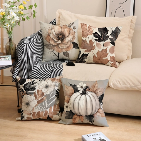 Autumn Thanksgiving Throw Pillow Covers Linen Polyester Pumpkin Maple Leaf Floral Print Square Cushion Covers For Sofa Home Decor Decorative Pillowcase