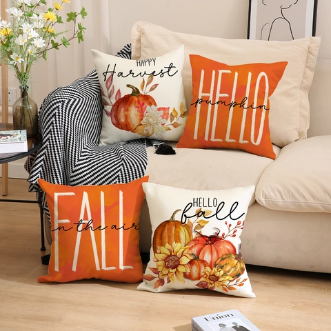 Herbst Kürbis Ahornblatt Dekorative Kissenbezüge Erntedankfest Halloween Polyester Leinenoptik Kissenhülle Für Sofa Haus Dekor