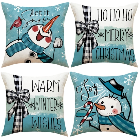 Christmas Linen Cushion Covers Set Snowman Red Bird Snowflake Print Minimalist Winter Holiday Sofa Decor Pillowcases