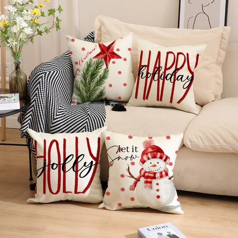 Fundas de Almohada de Navidad Lino de Imitación Festivo Feliz Navidad Muñeco de Nieve Estampado Letras Fundas para Sofá Hogar
