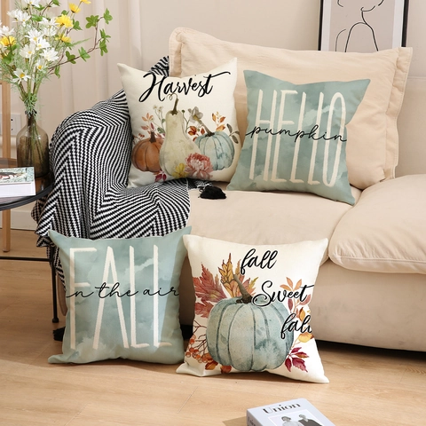 Autumn Fall Theme Decorative Pillowcase Polyester Linen Look Cushion Cover Pumpkin Maple Leaf Print Home Sofa Decor