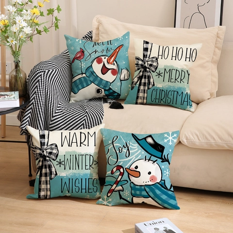 Christmas Linen Cushion Covers Set Snowman Red Bird Snowflake Print Minimalist Winter Holiday Sofa Decor Pillowcases