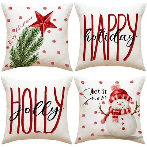 Fundas de Almohada de Navidad Lino de Imitación Festivo Feliz Navidad Muñeco de Nieve Estampado Letras Fundas para Sofá Hogar
