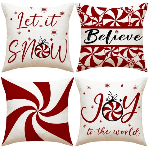 Linen Christmas Pillowcase Decorative Holiday Throw Pillow Cover Snowflake Candy Cane Stripe Believe Print Cushion Case