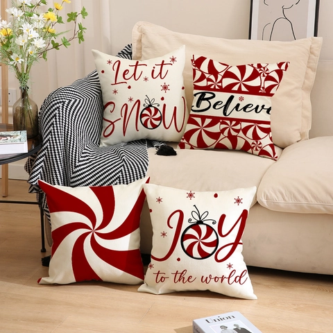 Linen Christmas Pillowcase Decorative Holiday Throw Pillow Cover Snowflake Candy Cane Stripe Believe Print Cushion Case