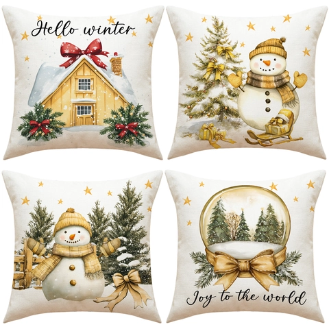 Christmas Throw Pillow Covers Linen Blend Snowman Tree Print Cushion Case For Living Room Sofa Winter Holiday Home Decor