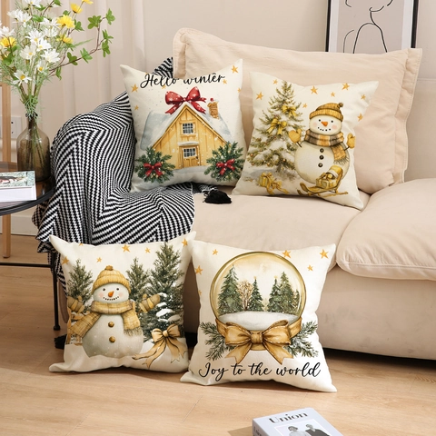 Christmas Throw Pillow Covers Linen Blend Snowman Tree Print Cushion Case For Living Room Sofa Winter Holiday Home Decor
