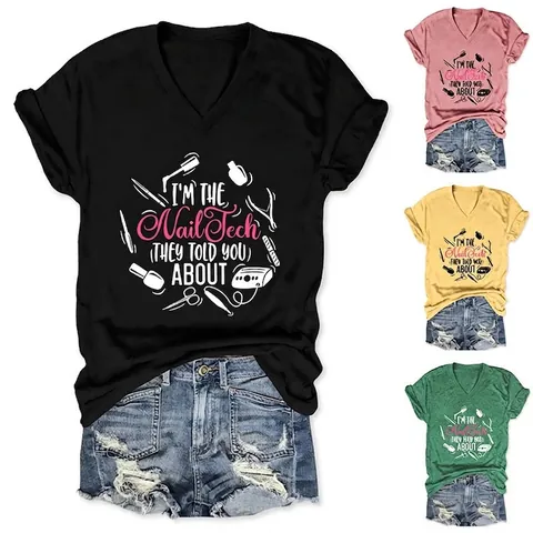 Maglietta Da Donna Con Scollo A V Maniche Corte Misto Cotone Stampa Grafica Nail Tech Tema Professionale Top Estivi Casual