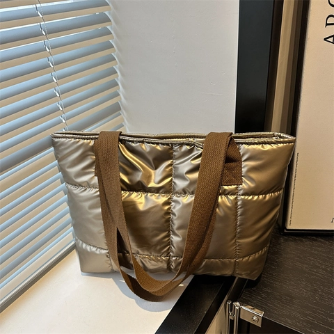 Metallic Gesteppte Puffer Tote Bag Glänzend Große Kapazität Leichte Wattierte Schultertasche Für Damen