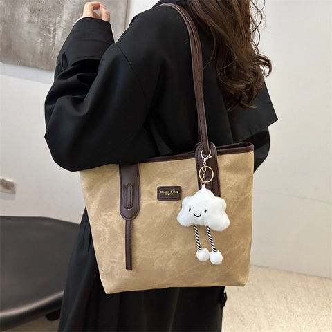 Borsa Tote Vintage in Tela da Donna Grande Capacità Urbana Minimalista a Tracolla Con Simpatico Ciondolo a Nuvola Casual da Lavoro