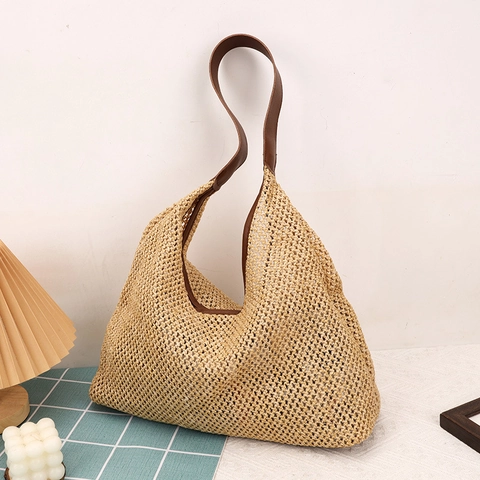 Retro Korean INS Woven Tote Bag Large Capacity Hollow Shoulder Bag For Women Beach Vacation Hand-Woven Hemp Hobo Bag With Inner Pouch
